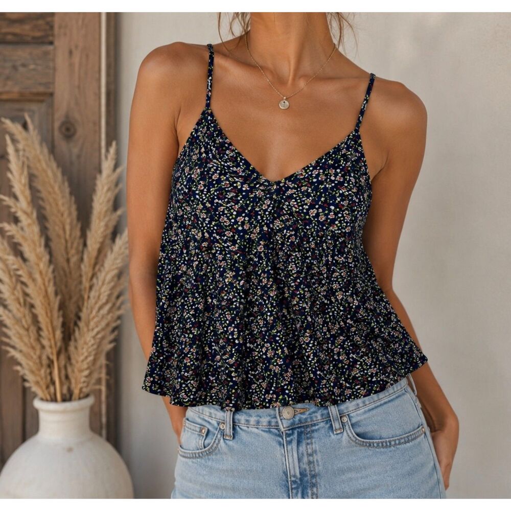Blue Floral Cami Tank Top Womens L Spaghetti Strap Babydoll V-Neck Flowy Boho